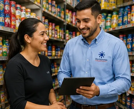 Un asesor comercial y una tendera revisan juntos un pedido en una tableta.