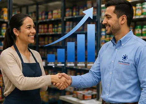 Un asesor comercial y una tendera se dan la mano en la tienda.