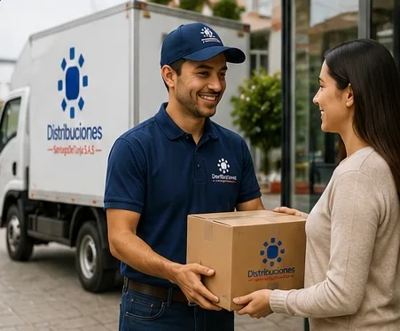 Un repartidor entrega una caja a una clienta junto al camión de reparto.