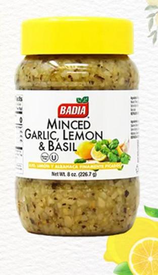 Badia Ajo Fino Picado con Limón y Albahaca — Ajo finamente picado con limón y albahaca, frasco de 226,7 g.