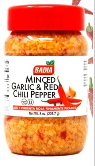 Badia Ajo Fino Picado con Pimienta Roja — Ajo finamente picado con pimienta roja, frasco de 226,7 g.