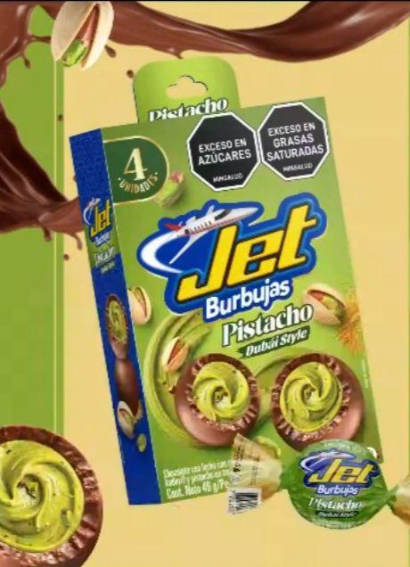Jet Burbujas Pistacho Dubai — Chocolate aireado con relleno de pistacho estilo Dubái, caja de 4 unidades.