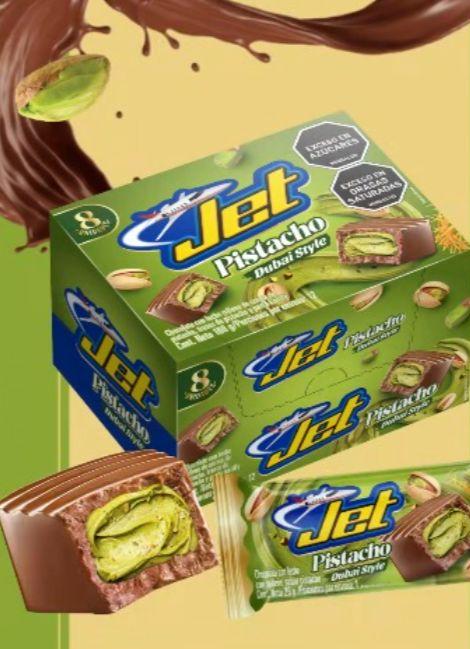 Jet Pistacho Dubai Style — Chocolatina Jet con relleno de pistacho estilo Dubái, unidad de 29 g.