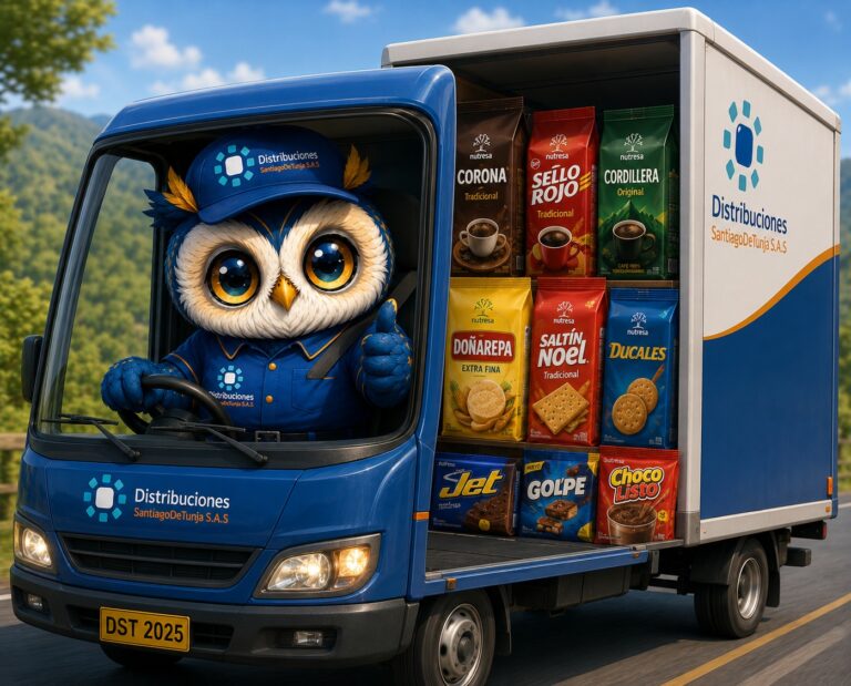 La mascota de Distribuciones Santiago de Tunja al volante del camión de reparto, cargado con el portafolio